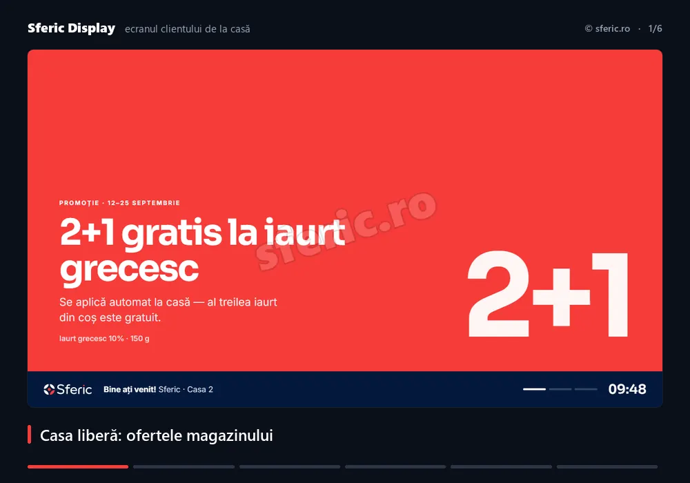 Ce vede clientul la casă: ofertele când casa e liberă, produsul scanat cu preț și fotografie, cardul de loialitate, bonul care se formează în timp real și, la final, punctele câștigate.