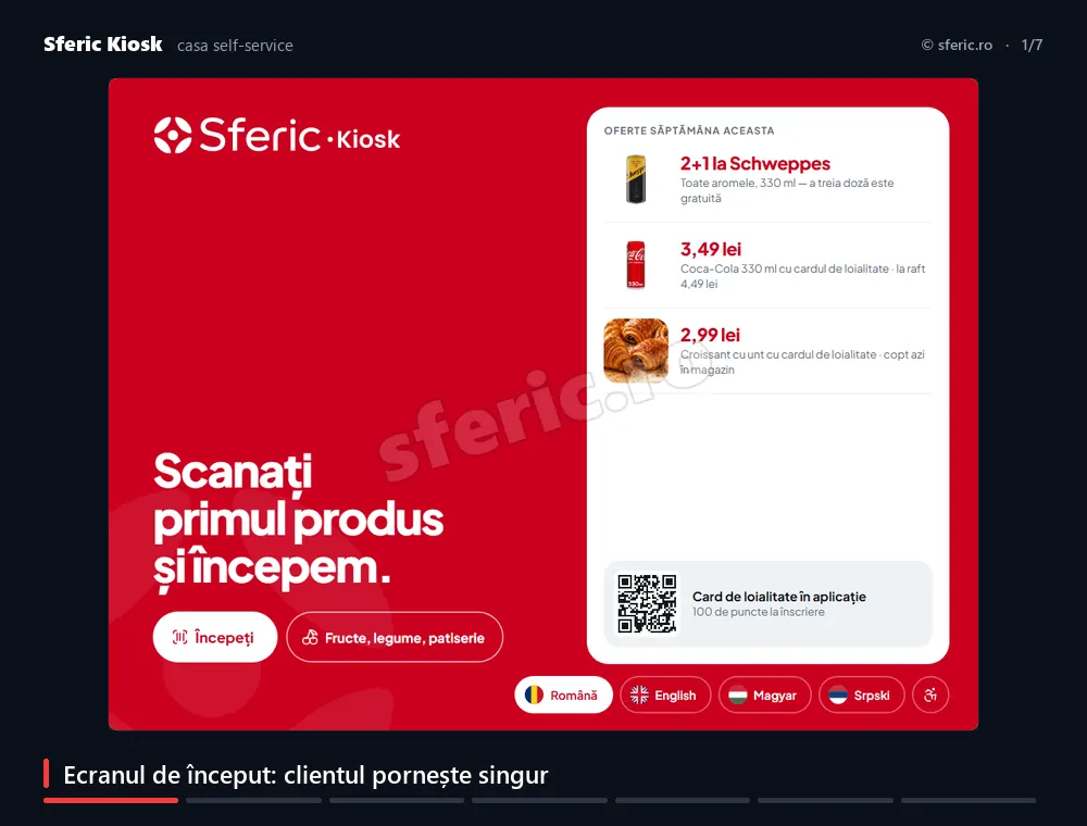 Un bon la casa self-service: clientul pornește singur, scanează, alege fructele din categorii, cântărește, plătește cu cardul și își ia bonul fiscal, fără casier.