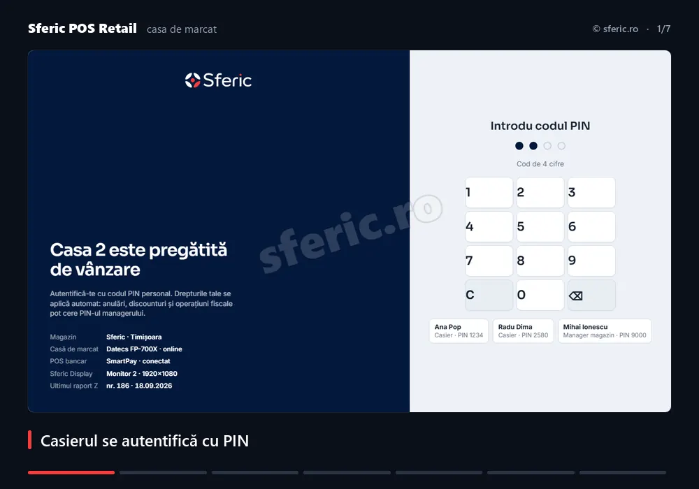 O vânzare, de la PIN la bonul fiscal: casierul se autentifică, scanează, cântărește fructele și încasează în două metode, până la bonul fiscal.