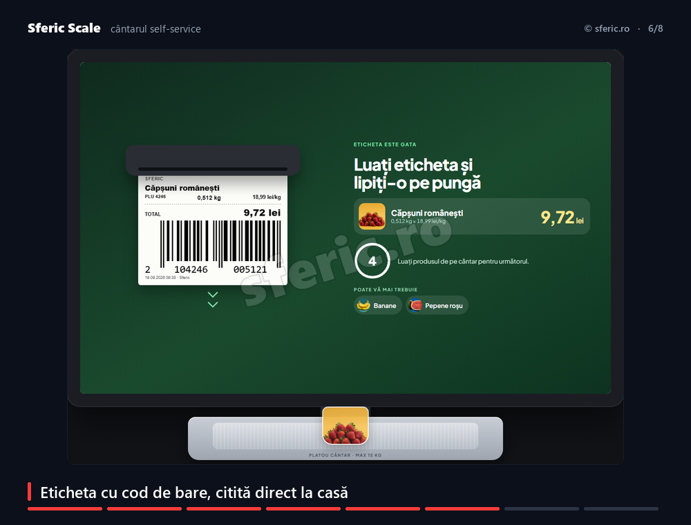 O pungă de fructe la cântarul self-service: categoriile se deschid singure, clientul alege produsul, greutatea se stabilizează, eticheta se tipărește, iar din browser se aprobă produsele noi și se configurează eticheta.